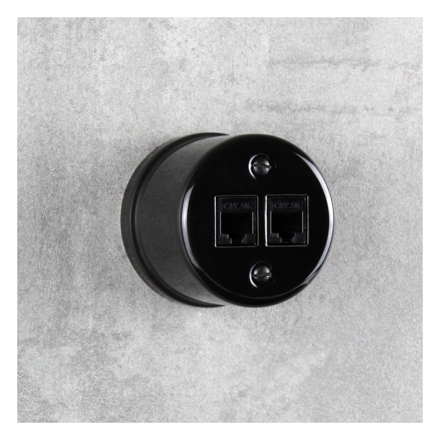 Elhard - Presa dati da parete in ceramica stile retrò 2x RJ45 nera