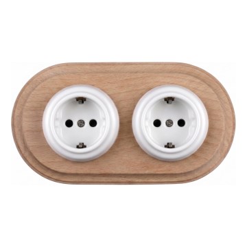 Elhard - Presa domestica doppia in ceramica in stile retrò con cornice SCHUKO 230V bianco/legno chiaro