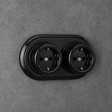 Elhard - Doppia presa da parete in ceramica stile retrò con placca, SCHUKO 230 V, nera
