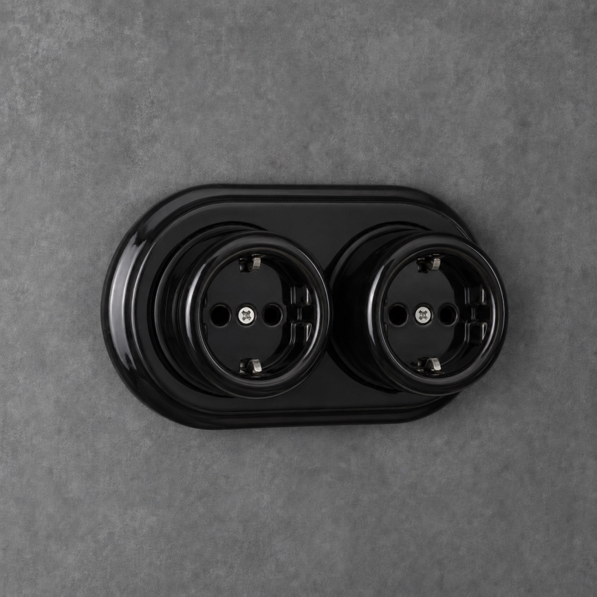 Elhard - Doppia presa da parete in ceramica stile retrò con placca, SCHUKO 230 V, nera