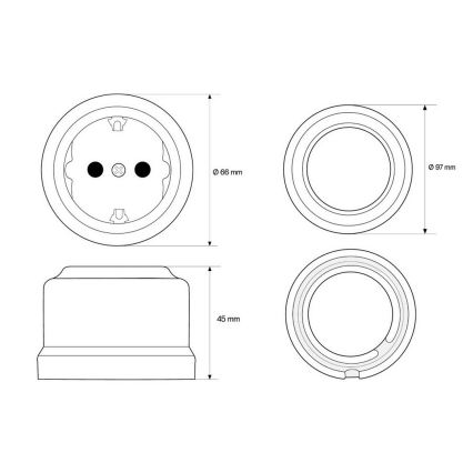 Elhard - Doppia presa da parete in ceramica stile retrò con placca, SCHUKO 230 V, nera