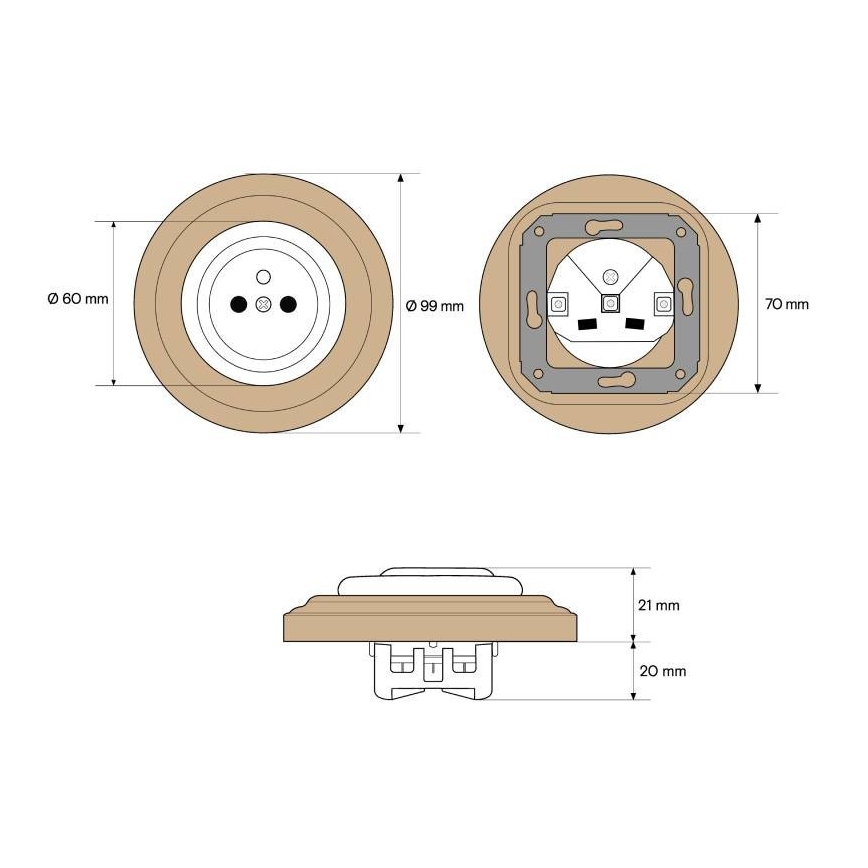 Elhard - Presa domestica in ceramica stile retrò con cornice 230V bianco/legno chiaro