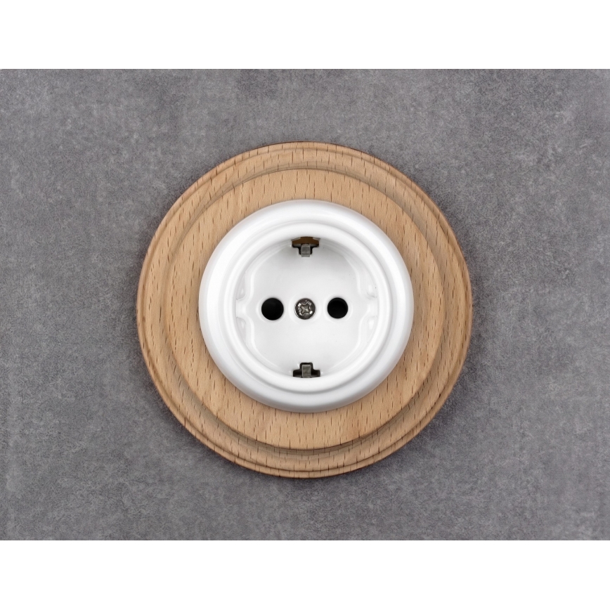 Elhard - Presa domestica in ceramica in stile retrò con cornice SCHUKO 230V bianco/legno chiaro