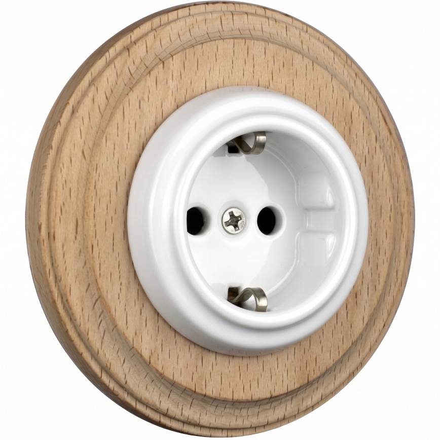 Elhard - Presa domestica in ceramica in stile retrò con cornice SCHUKO 230V bianco/legno chiaro