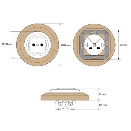 Elhard - Presa domestica in ceramica in stile retrò con cornice SCHUKO 230V bianco/legno chiaro