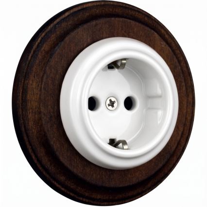 Elhard - Presa domestica retrò in ceramica con cornice SCHUKO 230V bianca/legno scuro
