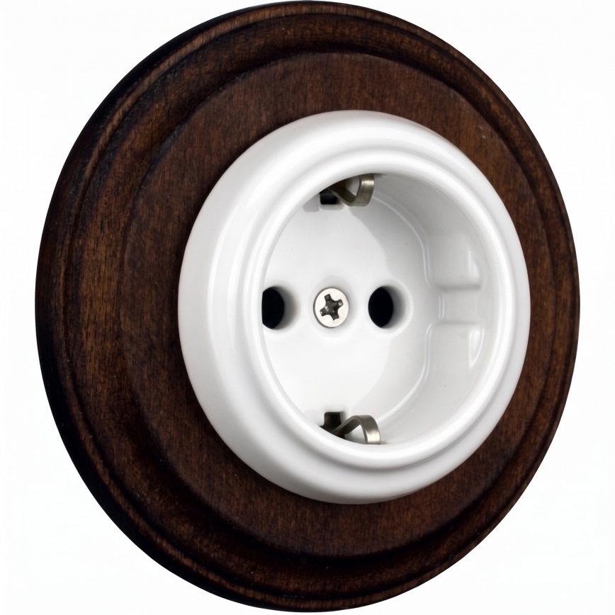 Elhard - Presa domestica retrò in ceramica con cornice SCHUKO 230V bianca/legno scuro