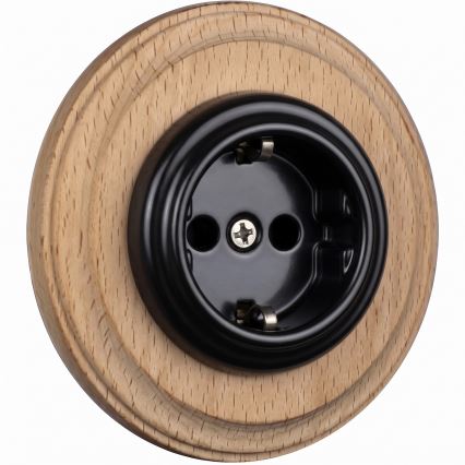 Elhard - presa domestica in ceramica in stile retrò con cornice SCHUKO 230V nera/legno chiaro