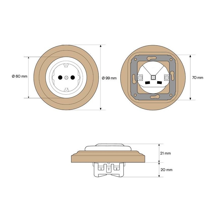 Elhard - presa domestica in ceramica in stile retrò con cornice SCHUKO 230V nera/legno chiaro