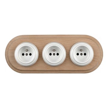 Elhard - Presa domestica tripla in ceramica in stile retrò con cornice 230V bianca/legno chiaro