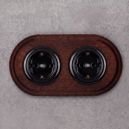 Elhard - Presa doppia da parete in ceramica in stile retrò con cornice SCHUKO 230V nero/legno scuro