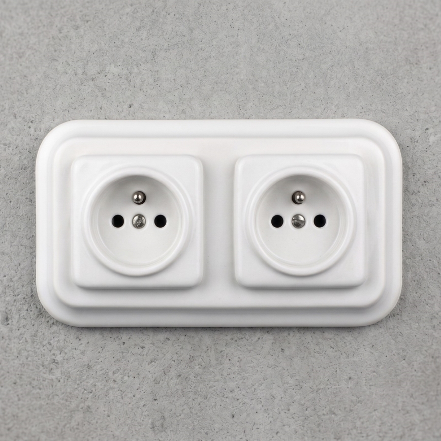 Elhard - Presa doppia in ceramica dal design retrò per uso domestico con cornice, 230V, bianca
