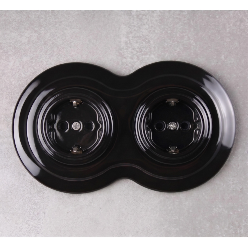 Elhard - Presa doppia in ceramica in stile retrò per uso domestico con cornice SCHUKO 230V, nera