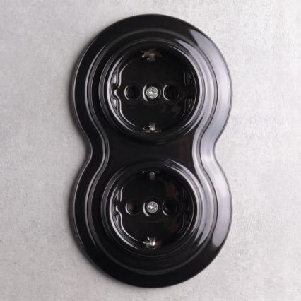 Elhard - Presa doppia in ceramica in stile retrò per uso domestico con cornice SCHUKO 230V, nera
