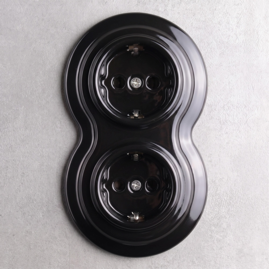 Elhard - Presa doppia in ceramica in stile retrò per uso domestico con cornice SCHUKO 230V, nera