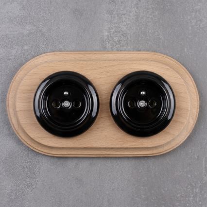 Elhard - Presa doppia in ceramica stile retrò per uso domestico con cornice 230V nero/legno chiaro