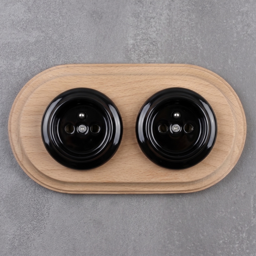 Elhard - Presa doppia in ceramica stile retrò per uso domestico con cornice 230V nero/legno chiaro
