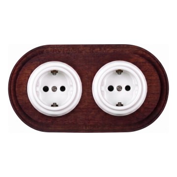 Elhard - Presa doppia in ceramica retrò per uso domestico con cornice SCHUKO 230V, bianco/legno scuro