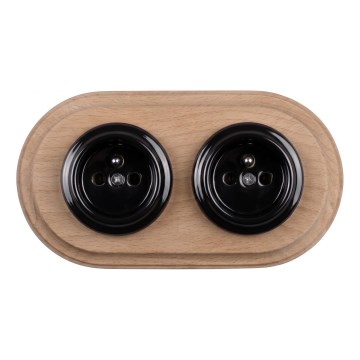 Elhard - Presa doppia in ceramica stile retrò per uso domestico con cornice 230V nero/legno chiaro