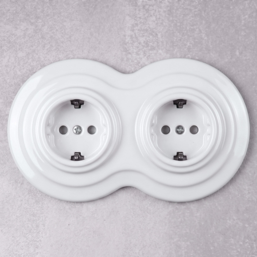 Elhard - Presa doppia in ceramica stile retrò per uso domestico con cornice SCHUKO 230V bianca