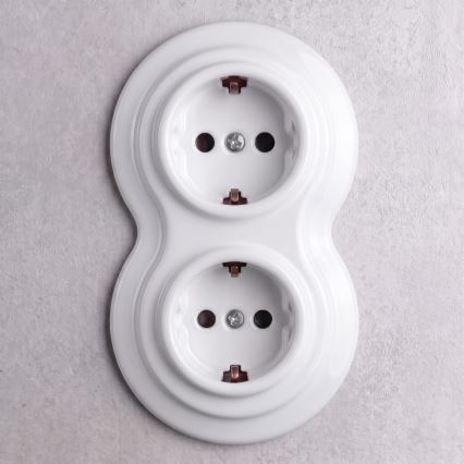 Elhard - Presa doppia in ceramica stile retrò per uso domestico con cornice SCHUKO 230V bianca