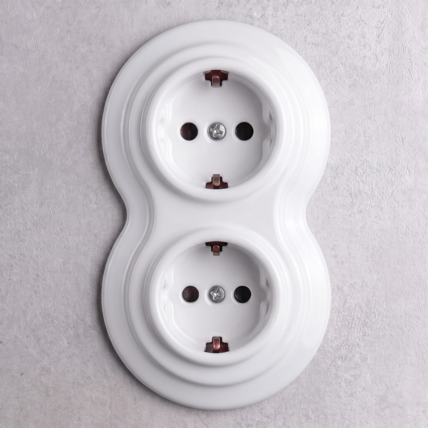 Elhard - Presa doppia in ceramica stile retrò per uso domestico con cornice SCHUKO 230V bianca