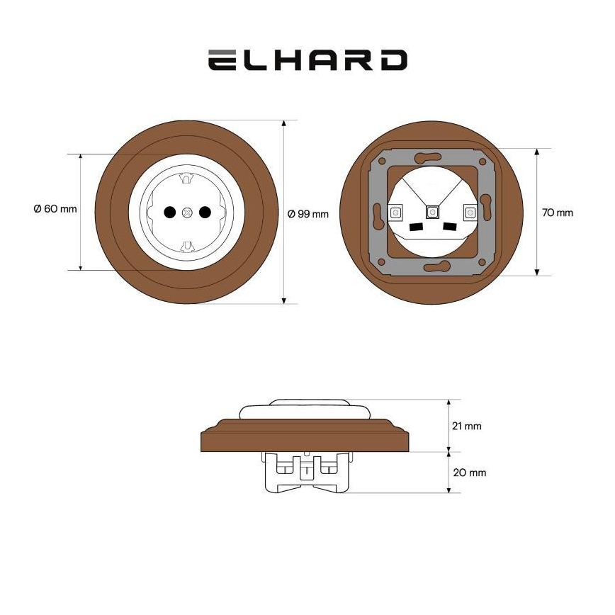 Elhard - Presa domestica in ceramica in stile retrò con placca SCHUKO 230V nero/legno scuro