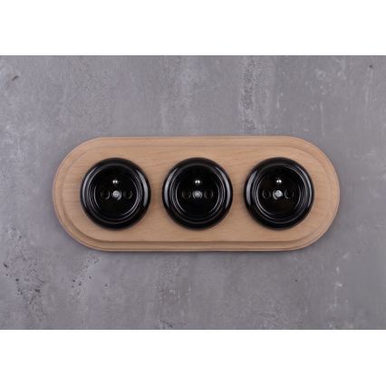 Elhard - Presa tripla in ceramica dal design retrò per uso domestico con cornice 230V nera/legno chiaro