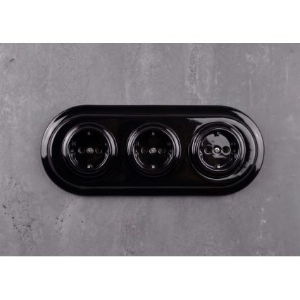 Elhard - Presa tripla da parete in ceramica in stile retrò con cornice SCHUKO 230V nera