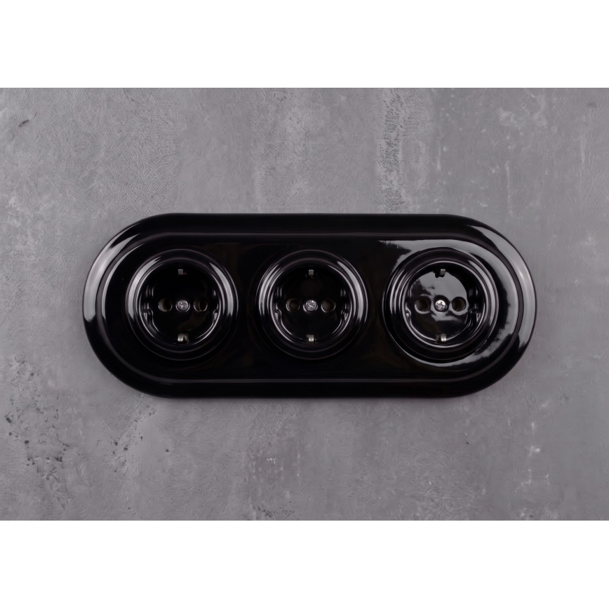 Elhard - Presa tripla da parete in ceramica in stile retrò con cornice SCHUKO 230V nera