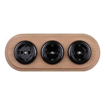 Elhard - Presa tripla da parete in ceramica in stile retrò con cornice SCHUKO 230V nero/legno chiaro