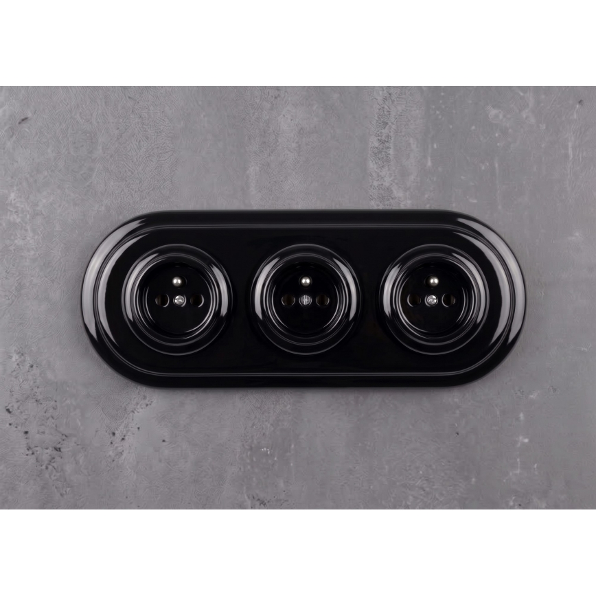 Elhard - Presa tripla da parete in ceramica stile retrò con cornice 230V, nera