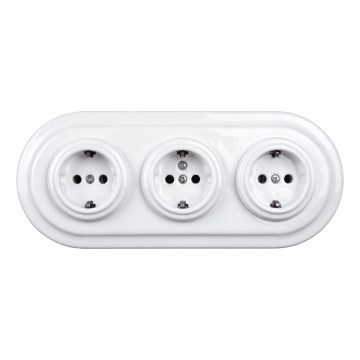 Elhard - Presa tripla domestica in ceramica retrò con placca SCHUKO 230V bianca