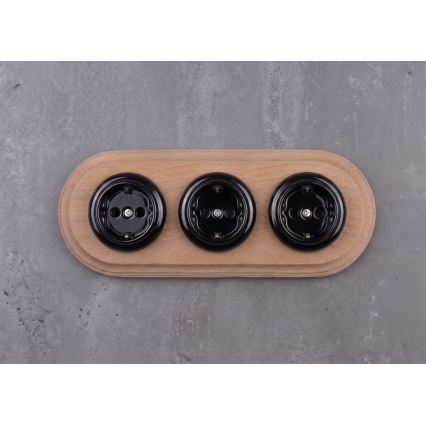 Elhard - Presa tripla da parete in ceramica in stile retrò con cornice SCHUKO 230V nero/legno chiaro