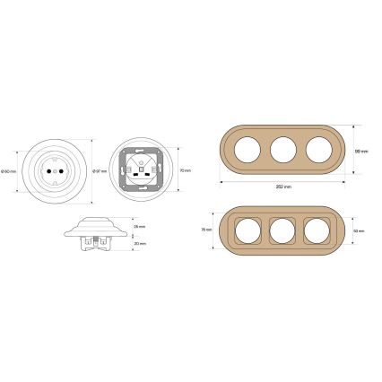 Elhard - Presa tripla da parete in ceramica in stile retrò con cornice SCHUKO 230V nero/legno chiaro