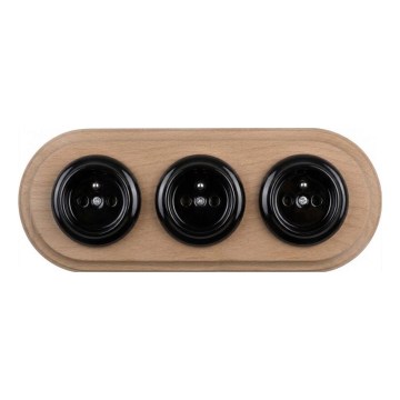 Elhard - Presa tripla in ceramica dal design retrò per uso domestico con cornice 230V nera/legno chiaro