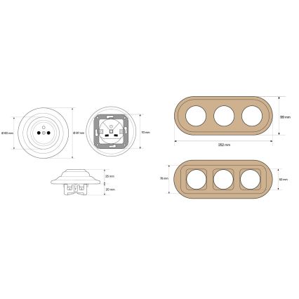 Elhard - Presa domestica tripla in ceramica in stile retrò con cornice 230V bianca/legno chiaro