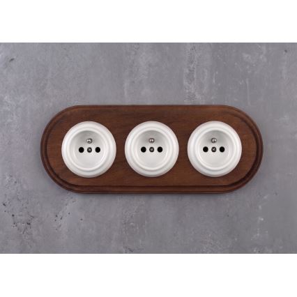 Elhard - Presa tripla in ceramica retrò da parete con cornice 230V bianco/legno scuro
