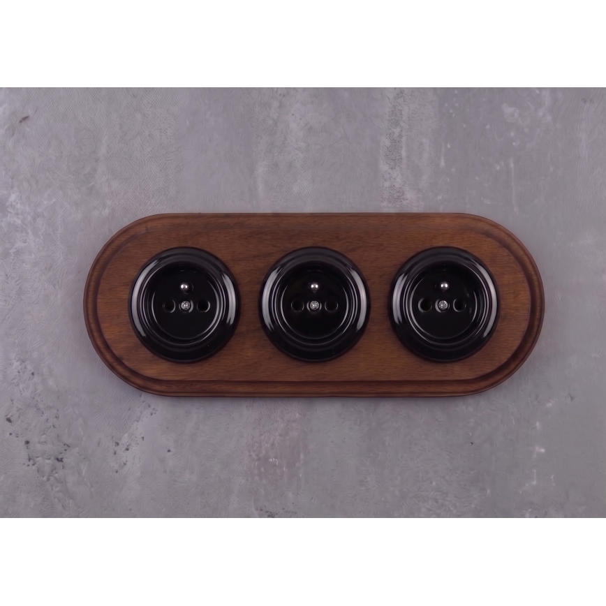 Elhard - Presa domestica tripla in ceramica stile retrò con cornice 230V nera/legno scuro
