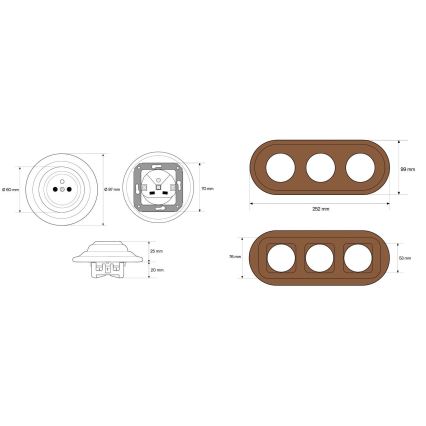 Elhard - Presa domestica tripla in ceramica stile retrò con cornice 230V nera/legno scuro