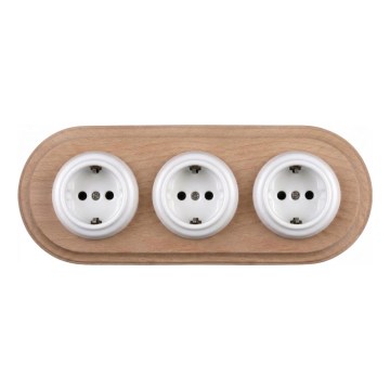 Elhard - Presa tripla in ceramica in stile retrò per uso domestico con cornice SCHUKO 230V bianco/legno chiaro