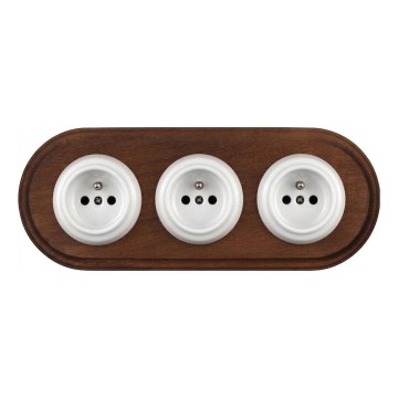 Elhard - Presa tripla in ceramica retrò da parete con cornice 230V bianco/legno scuro