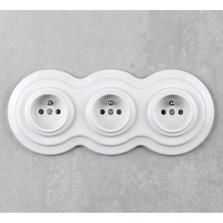 Elhard - Presa tripla in ceramica retrò per uso domestico con cornice 230 V bianca