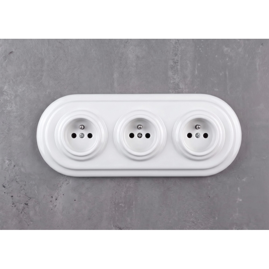 Elhard - Tripla presa domestica in ceramica dal design retrò con cornice 230V bianca