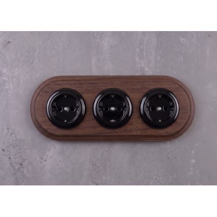 Elhard - Presa tripla in ceramica stile retrò per uso domestico con cornice SCHUKO 230V nero/legno scuro
