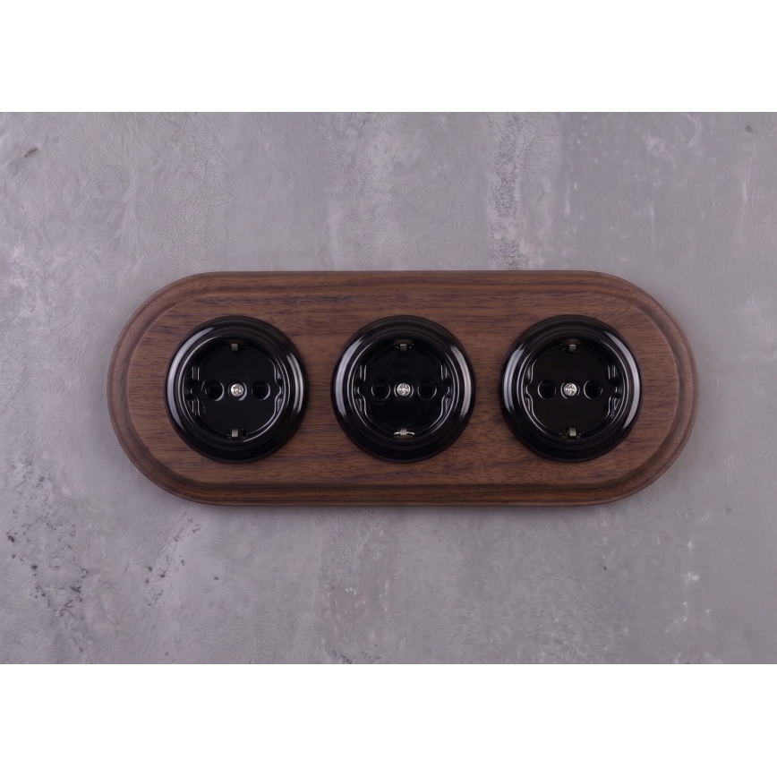 Elhard - Presa tripla in ceramica stile retrò per uso domestico con cornice SCHUKO 230V nero/legno scuro