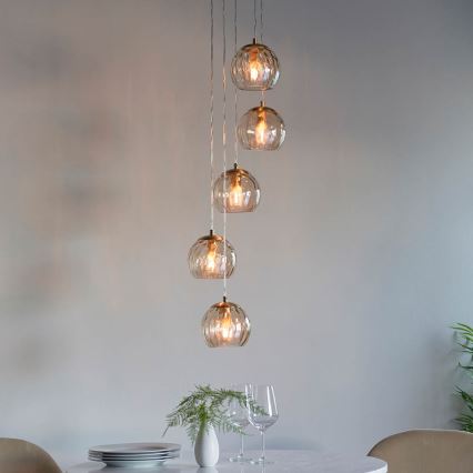 Endon 91972 - Lampadario a cavo DIMPLE 5xE14/7W/230V oro/beige fumé