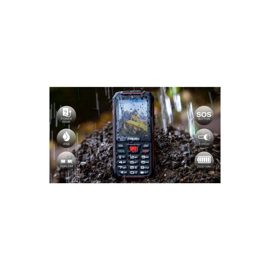 Evolveo - StrongPhone W4, telefono Dual SIM impermeabile, nero-rosso