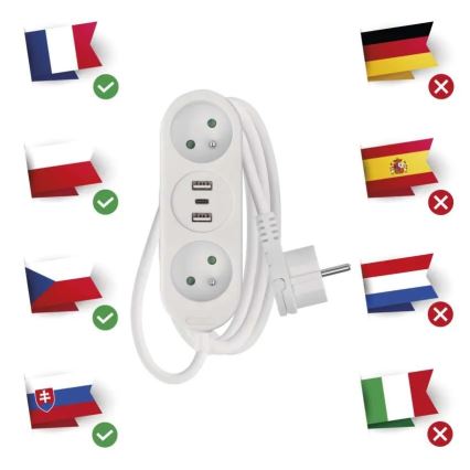 Extensions cavo 2Z + 2x USB-A + USB-C 1,4 m