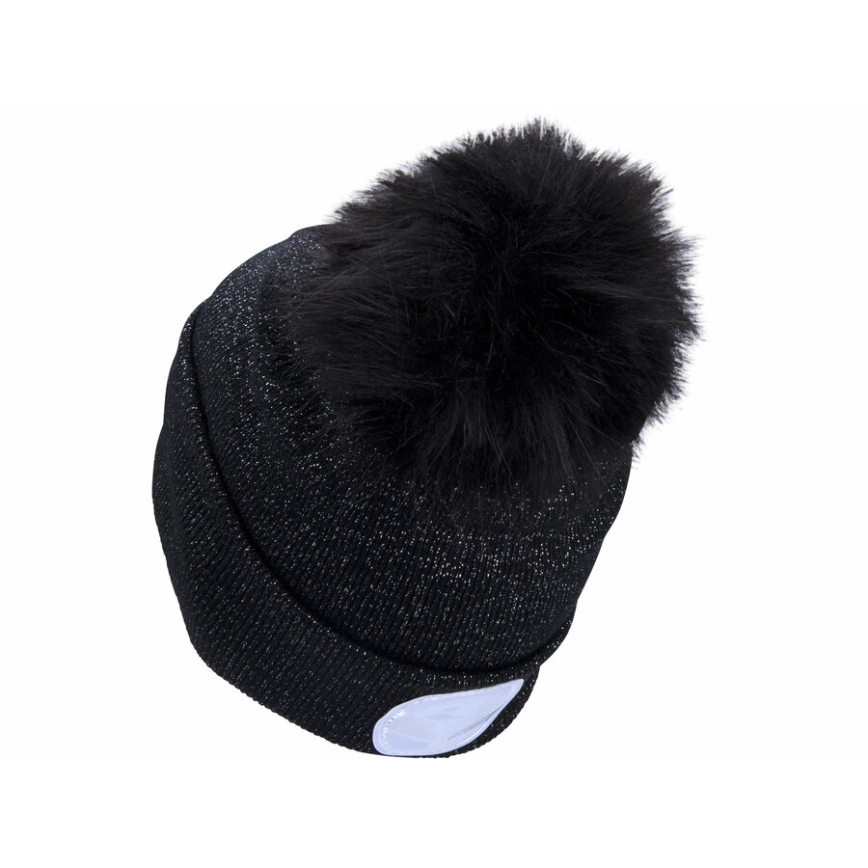 Extol - Berretto con lampada frontale a LED e batteria ricaricabile 300 mAh via USB, nero con pompon, taglia unica (UNI)